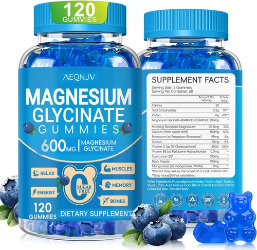Vista 14 de Gomitas de glicinato de magnesio de 600 mg de alta absorción, glicinato de magnesio para mujeres y hombres con vitamina D, B6 y CoQ10 para adultos
