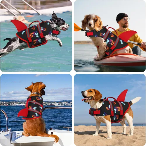 Vista 6 de Dogcheer - Chaleco salvavidas para perros, lindo diseño de tiburón para natación y navegación con flotabilidad superior y asa de rescate, chaleco