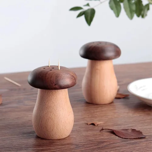 Vista 3 de TOPINCN Soporte para palillos de dientes, lindo recipiente de madera con forma de hongo para palillos de dientes, contenedor portátil