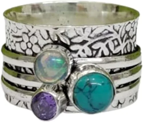 Vista 12 de Multi-Gemstone Spinner Ring for Women, 925 Sterling Silver Boho Meditation Band with Amethyst, Moonstone, Opal, Garnet, Gift for Her