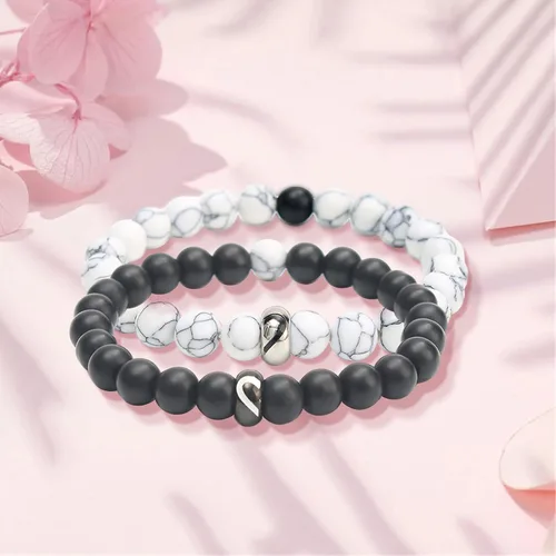 Vista 48 de 2 pulseras magnéticas para parejas, piedra natural negra mate, cristal para votos de amor eterno, juego de pulseras de cuentas de piedra de energía