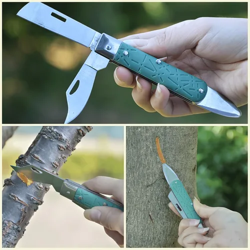 Vista 6 de COMKIT - Cuchillo de injerto profesional plegable de doble cuchilla, árboles frutales, jardinería, injerto, corte, plántulas, brote, herramienta