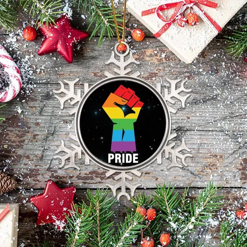 Vista 7 de Adorno de Navidad de metal gay con copo de nieve de metal, orgullo de la paz, adornos de Navidad LGBTQ con derechos de igualdad, decoraciones