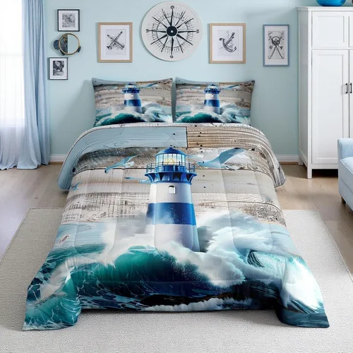 Vista 7 de Erosebridal Juego de edredón de ballena náutica, tamaño individual, juego de ropa de cama vintage azul con ondas oceánicas para niños y niñas