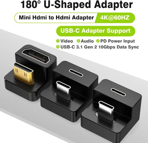 Vista 7 de AGVEE Adaptador Angular de 180 Grados USB-C a USB-C y Convertidor Mini HDMI a HDMI en Forma de U con Lado Largo Hacia Adentro, HDMI 2.0 4k@60HZ