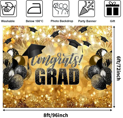 Vista 3 de Avezano Congrats Grad - Telón de fondo negro dorado con purpurina para fiesta de graduación, fondo de fotografía, clase de 2025, celebración, fiesta