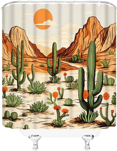 Vista 2 de Cortina de ducha occidental, cactus, montaña, desierto, paisaje, étnico, azteca, americano, vaquero, decoración de baño, cortinas de tela con ganchos