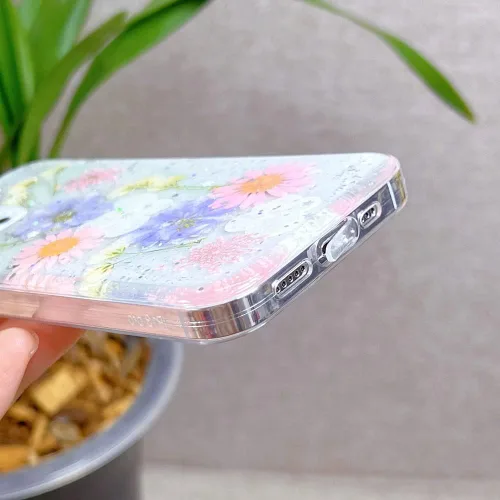 Vista 7 de Abbery Funda diseñada para iPhone 13 Pro con diseño de flores prensadas con purpurina y diseño de goma de silicona suave, diseño de flores reales