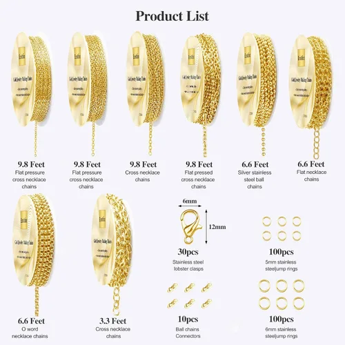 Vista 3 de Ecoofor Cadenas de collar de oro para hacer joyas, 62.3 pies, 8 rollos de cadenas de joyería para hacer collares, pulseras y joyas con anillos