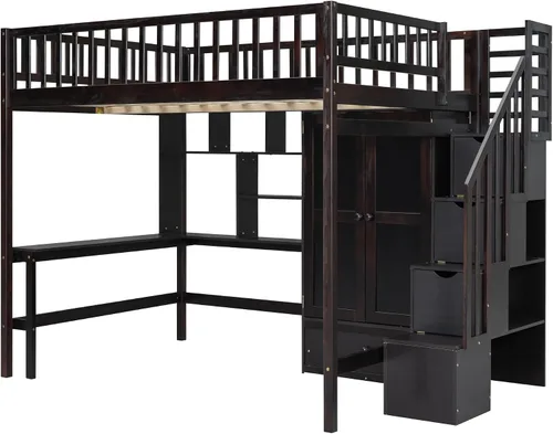 Vista 7 de Harper & Bright Designs Cama tipo loft de tamaño matrimonial con escritorio, marco de cama tipo loft de madera con armario, estantería y cajones