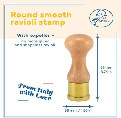 Vista 2 de La Gondola Sello casero para ravioles – redondo suave 1.5 pulgadas Herramienta para hacer pasta italiana para el hogar y negocios Latón y madera