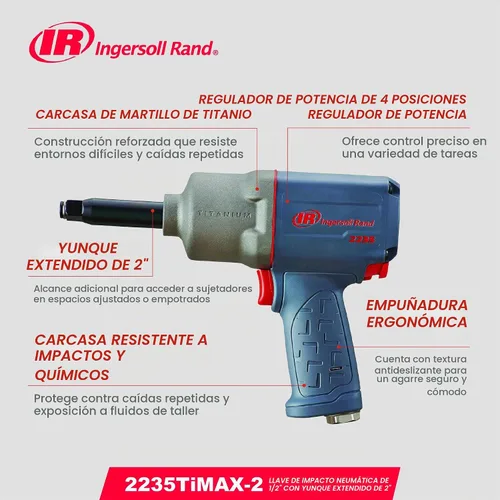 Vista 6 de Ingersoll Rand 2235TiMAX-2 - Llave de impacto neumática de yunque extendido de 1/2 pulgada, par de torsión máximo de 900 libras-pie, gris