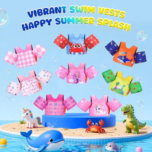 Vista 5 de MoKo Chaleco de natación para niños pequeños de 13-30/20-50/22-66 libras, flotadores de brazo de natación de dibujos animados, alas de agua