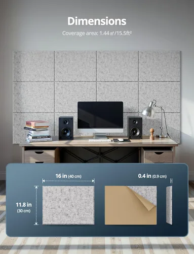 Vista 7 de Paneles acústicos rectangulares de pared, paneles absorbentes de sonido para paredes, techo, puertas, paquete de 12 unidades de 16 x 12 x 0.4 Gris