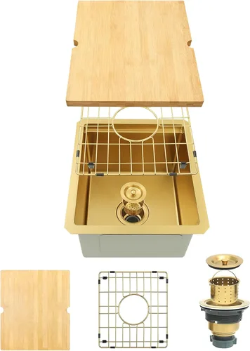 Vista 16 de Fregadero de barra dorada de 13 x 15 pulgadas, fregaderos de cocina dorados de acero inoxidable SUS304 de calibre 16 con accesorios, fregadero