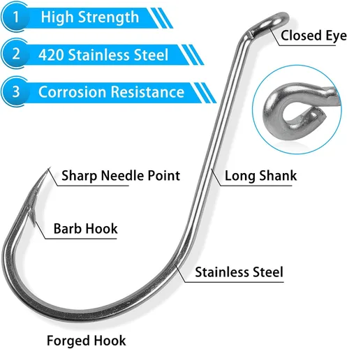 Vista 3 de Octopus Beak Hooks, 60pcs/100pcs Stainless Steel Saltwater Fishing Hooks, Suicide Bait Jig, Big Game, Offset Circle Hooks 10