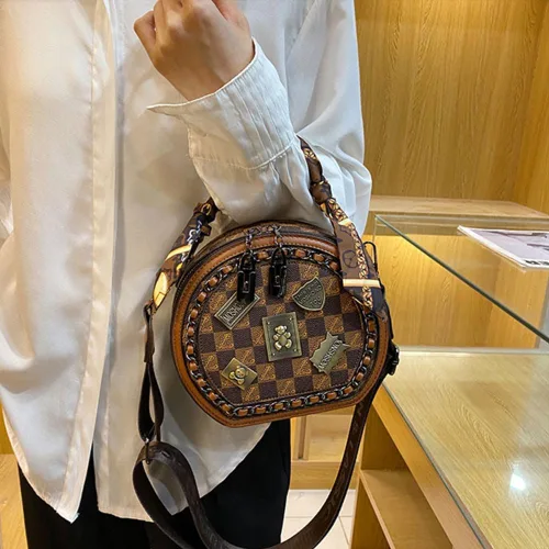 Vista 7 de Bolso vintage para mujer, bolso cruzado redondo con un hombro, bolso circular de gran capacidad, bolso diario para mujeres y niñas (marrón)