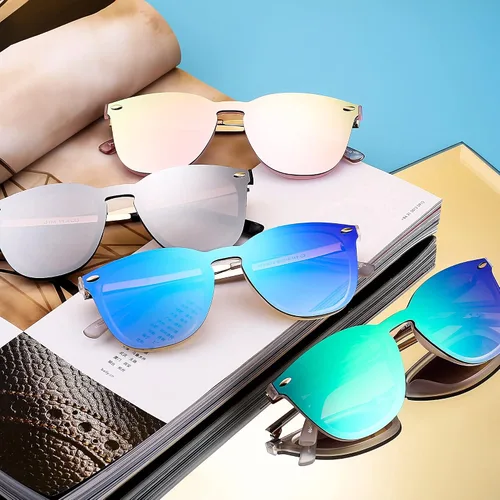 Vista 4 de Rimless Wayfarer Anteojos de sol en una sola pieza lente espejo reflectante, anteojos para hombres mujeres