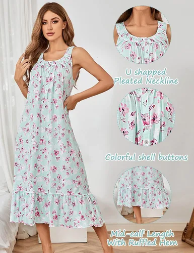 Vista 2 de MZROCR Camisones de algodón para mujer, suave, sin mangas, para adultos, ropa de dormir con volantes
