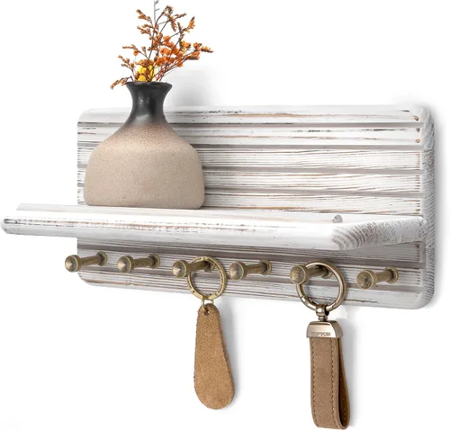 Vista 30 de Rebee Vision Soporte de pared de madera de acacia para decoración del hogar, mini llavero de 7 pulgadas para pared con 4 ganchos resistentes