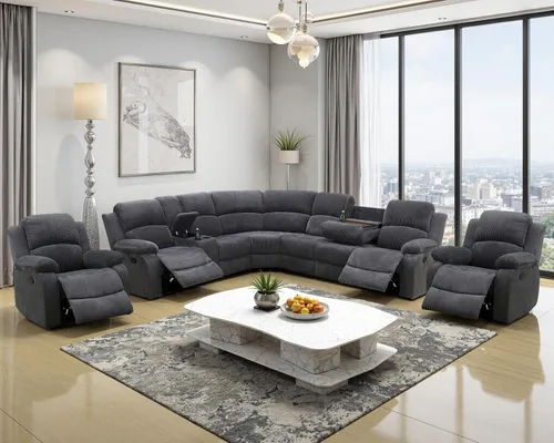 Vista 10 de Juego de sofá seccional reclinable manual, juegos de muebles de sala de estar de cuero regenerado en forma de L, sofá de esquina seccional