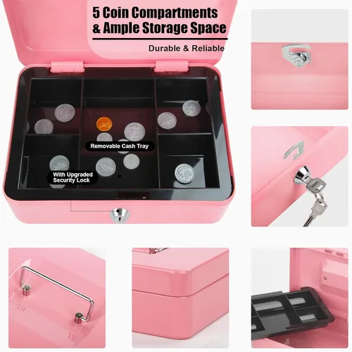 Vista 2 de Caja de dinero grande con cerradura con bandeja extraíble para monedas, caja de dinero de metal segura portátil con cerradura de llave, organizador