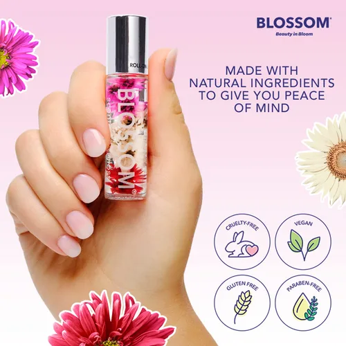 Vista 3 de Blossom Brillo labial perfumado roll-on, infundido con flores reales, fabricado en Estados Unidos, 0.3 fl. oz./9ml, juego de regalo de 3