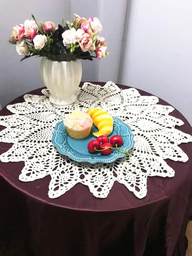 Vista 3 de Damanni Mantel de encaje hecho a mano de algodón hecho a mano, redondo, beige, 20 pulgadas