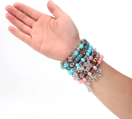 Vista 8 de Twinfree Pulseras bohemias para mujer, pulsera elástica de cuentas de colores multicapa con dije de joyería