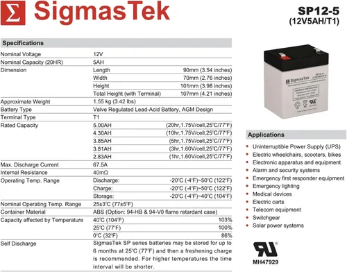 Vista 3 de SigmasTek Leoch Battery DJW12-4.5 - Batería de repuesto - Terminal F1 de 12 voltios 5 AH (2 unidades)