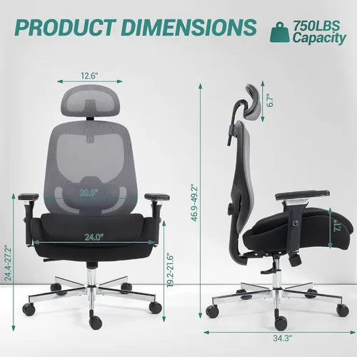 Vista 3 de Silla de oficina ejecutiva grande y alta, silla de escritorio ergonómica de malla cómoda con brazos 4D y asiento extra ancho, reposacabezas