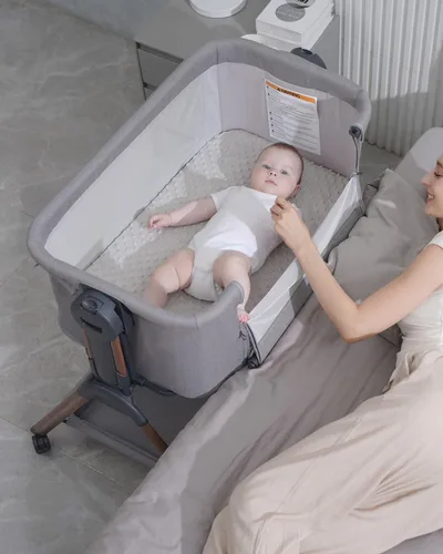 Vista 9 de Cuna para bebé - Cuna para dormir al lado de la cama, Cunas al lado de la cama 3-en-1 para bebé, Cuna con movimiento, con colchón cómodo, ruedas