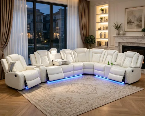 Vista 27 de Juego de sofá modular reclinable eléctrico para sala de estar, sofá modular reclinable de cuero con mesa auxiliar, soporte para tazas, consola