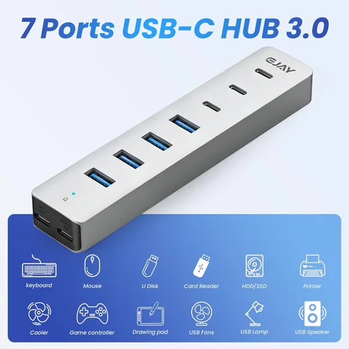 Vista 5 de EJAY 4 puertos USB 3.0 y USB-C HUB para PC, portátil, MacBook Pro, etc Divisor USB3.0 de 7 puertos y extensor USB, aluminio, 5 Gbps, cables dobles