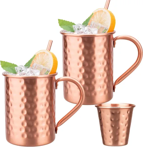 Vista 10 de Juego de 2 tazas de cobre 100% puro, tazas Moscow Mule con asa, taza de cobre para beber en frío, taza con acabado martillado a mano, regalos