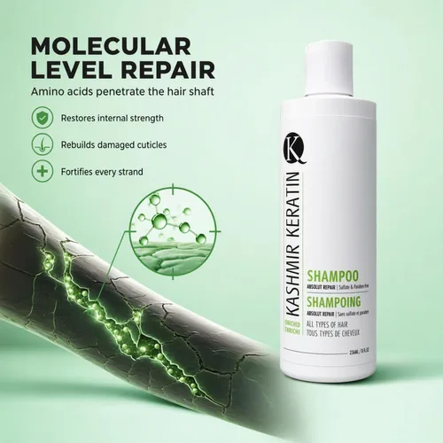 Vista 3 de Kashmir Keratin Champú enriquecido sin sulfato sin parabenos para todo tipo de cabello NUEVA PRESENTACIÓN (8 Fl. Oz)