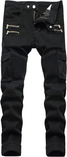 Vista 44 de Baylvn - Pantalones de mezclilla para hombre con diseño patchwork, ajustados y cómodos, estilo motociclista 3132 Camuflaje y azul