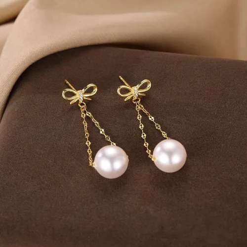 Vista 6 de SLUYNZ Pendientes colgantes de plata de ley para mujer, aretes de gota de perlas con lazo