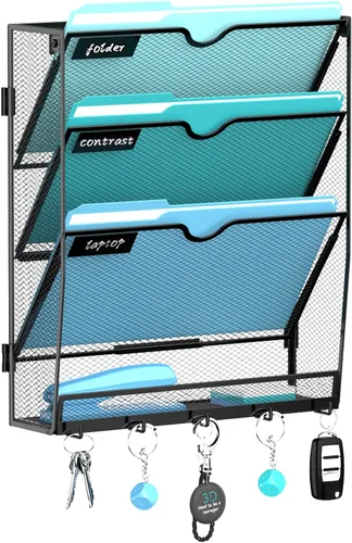 Vista 13 de 5 Tier Wall File Organizer, Metal Holder with Bottom Hooks Negro