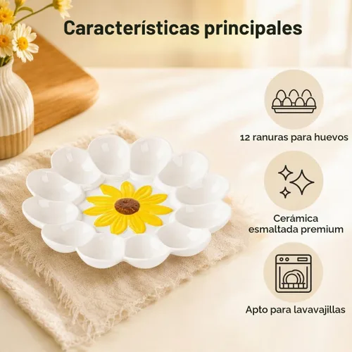 Vista 2 de Bandeja de huevo Deviled de girasol de cerámica - Plato de huevo blanco para fiesta