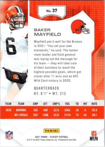 Vista 2 de 2021 Panini Playoff Football #37 Baker Mayfield Cleveland Browns Official NFL Trading Card (Stock Photo Shown) Card is in Near Mint to Mint Condition