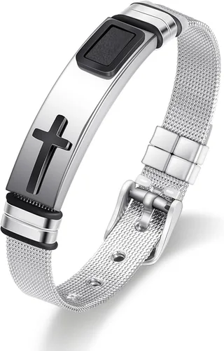 Vista 9 de Pulsera de Cruz para Hombres de Acero Inoxidable Pulsera Cristiana Joyería Religiosa con Diseño de Malla Moderno Regalo de Personalidad para Hombres