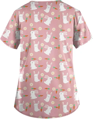 Vista 2 de Camisas para mujer 2023, manga corta, cuello en V, estampado de Pascua, bolsillo