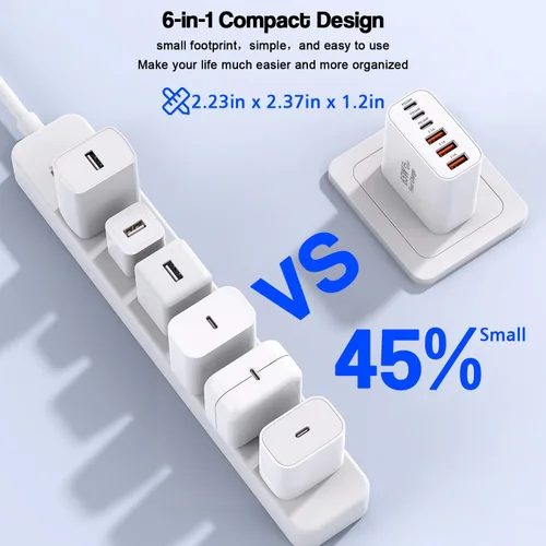 Vista 5 de Bloque de carga USB C de 65 W, paquete de 2 bloques de carga rápida de 6 puertos con cable tejido tipo C a tipo C de 6 pies de largo, enchufe