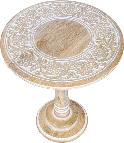 Vista 13 de Mesa auxiliar de madera de mango tallada a mano – Mesa auxiliar redonda de pedestal de 18 x 22 pulgadas para sala de estar, mesita de noche