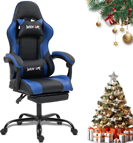 Vista 12 de Silla de juegos con reposapiés para adultos, silla de videojuegos de carreras de piel sintética con soporte lumbar, para hombres y mujeres, silla