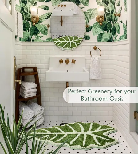 Vista 3 de Alfombra de baño con forma de hojas verdes, alfombra de baño con forma de hojas tropicales para bonita decoración de baño, alfombra de planta