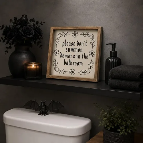 Vista 9 de flangairy Letrero de madera de 11.8 pulgadas con texto en inglés «Please Don't Summon Demons In The Bath», decoración de pared de baño de madera