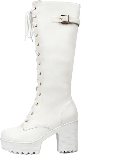 Vista 47 de Parisuit Botas góticas altas hasta la rodilla con hebilla de plataforma para mujer, tacón alto grueso, con cordones, botas de combate punk, con Negro