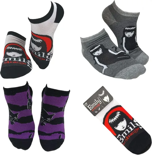Vista 2 de Emily the Strange - Calcetines para mujer, diseño de calavera de gato negro, 3 pares